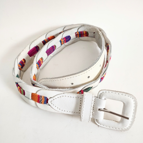 Unbranded Accessories - Vintage Belt Leather Tooled Textile Woven Colorful Boho Sz 36 Made in Guatemala